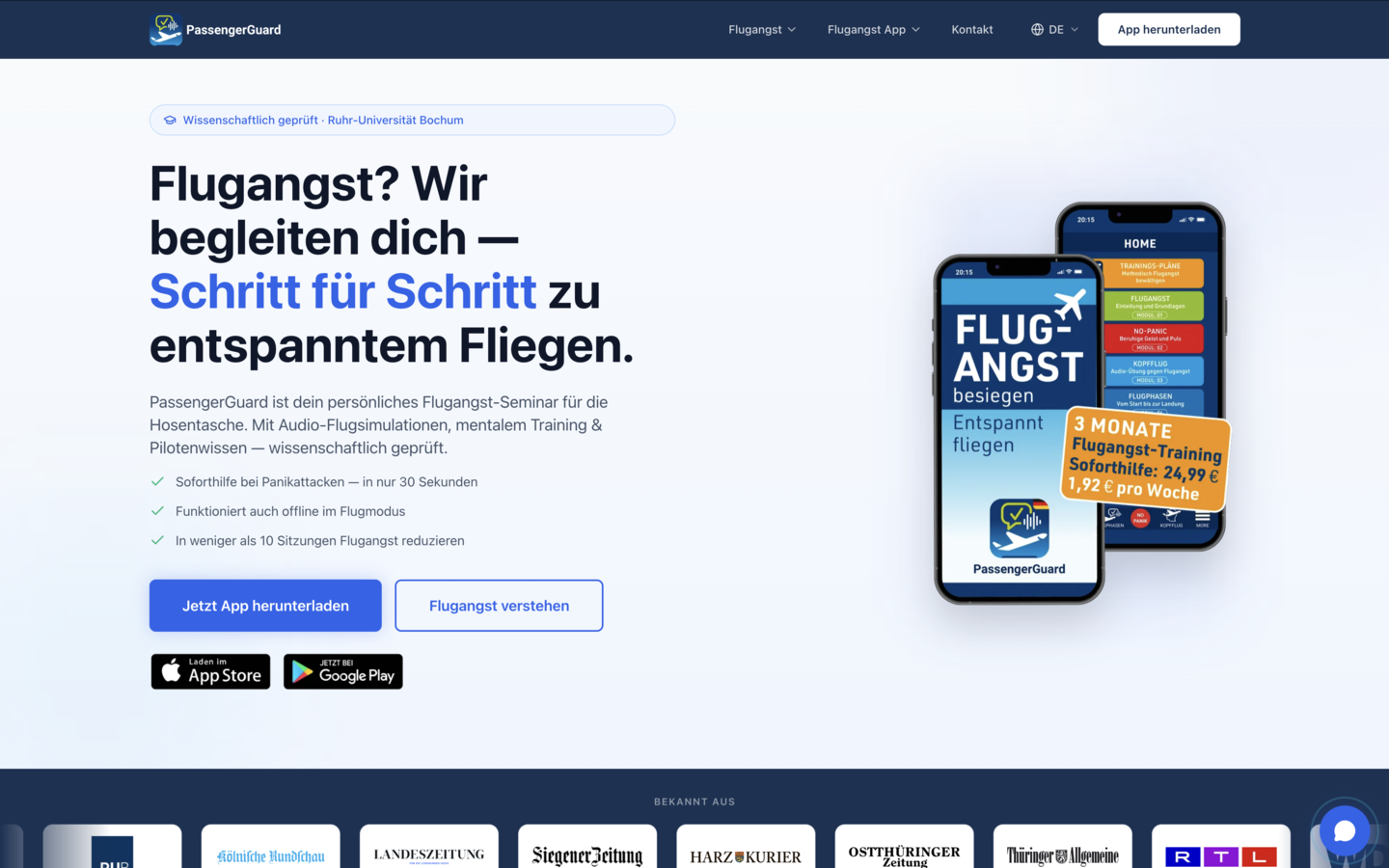 Nachher: neue PassengerGuard-Startseite mit der Überschrift „Flugangst? Wir begleiten dich — Schritt für Schritt zu entspanntem Fliegen", Foto entspannter Fluggäste und App-Download-Buttons.