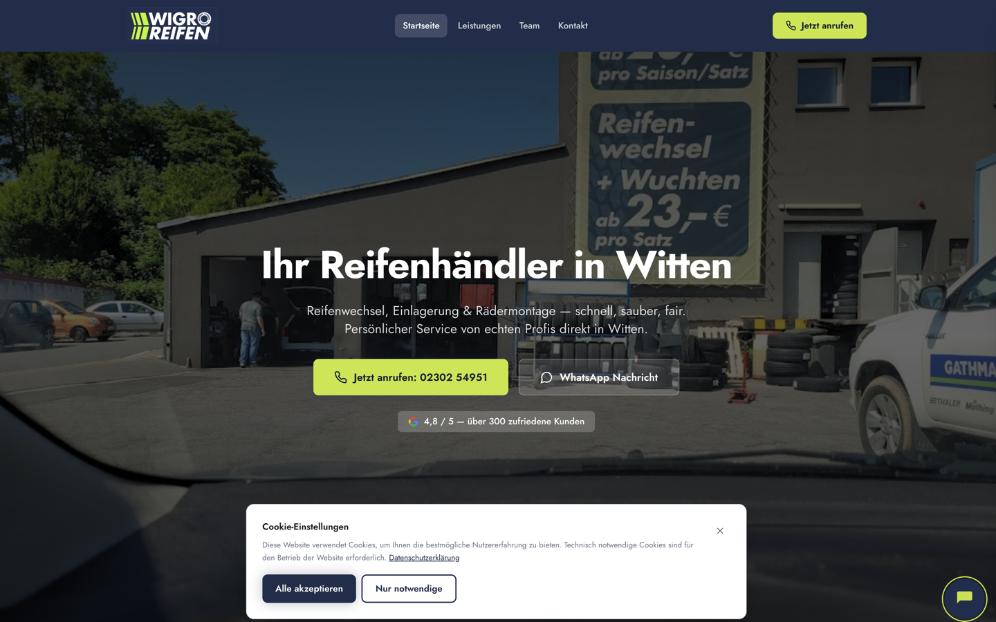 Nachher: neuer WIGRO-Reifen-Auftritt mit Überschrift „Ihr Reifenhändler in Witten" und gut sichtbaren Buttons zum Anrufen und für eine Anfrage über WhatsApp.