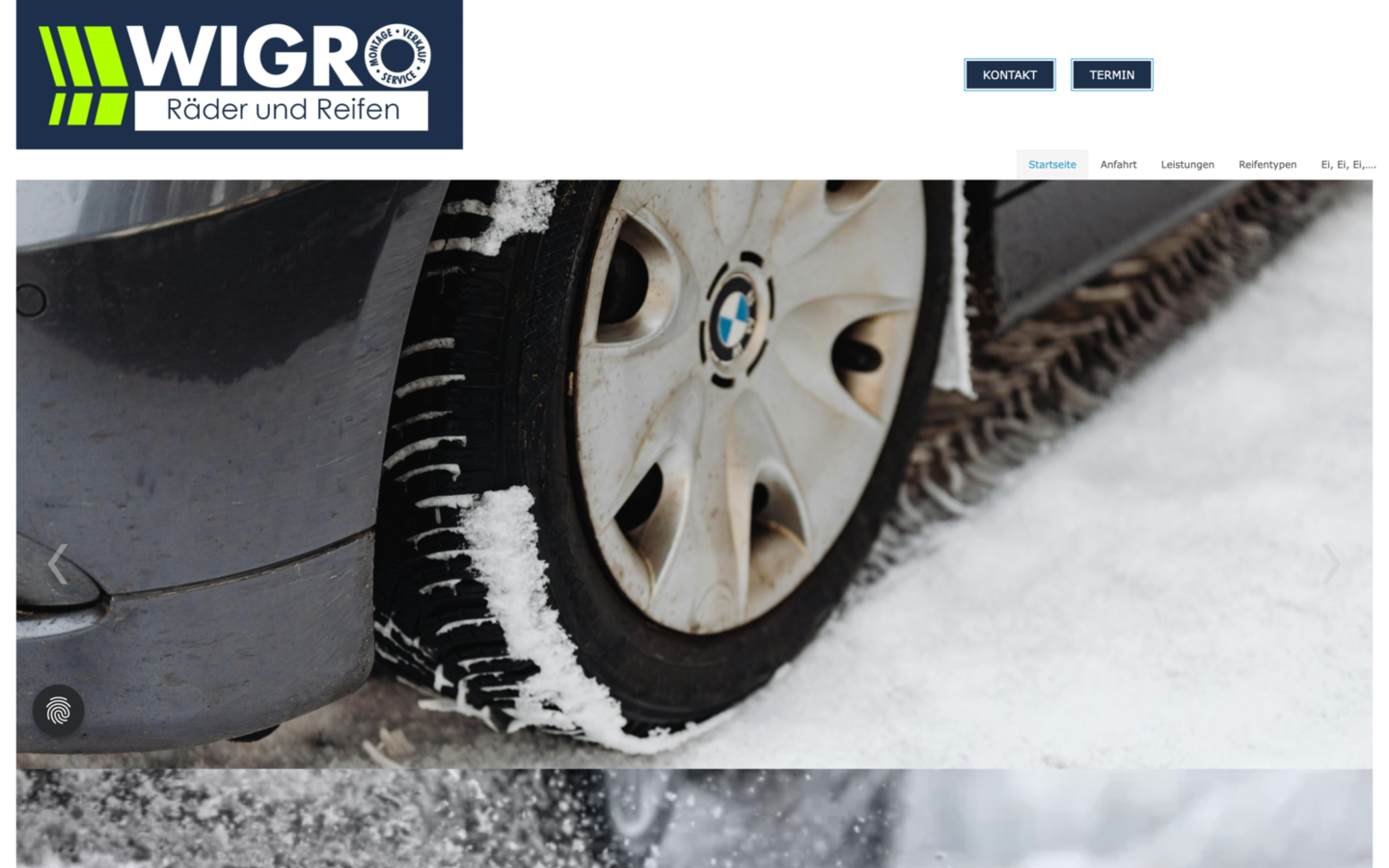 Vorher: alte WIGRO-Website mit großem Foto eines verschneiten Reifens und sehr knapper Navigation, ohne klaren nächsten Schritt.